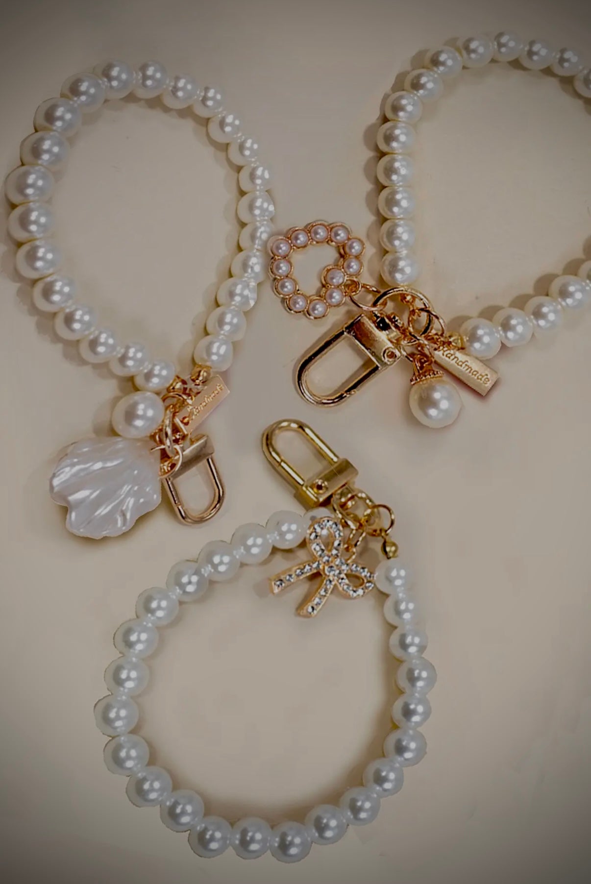Pearl Bow + Heart Keychains