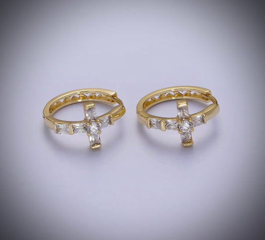Gold Cubic Cross Huggie Earrings